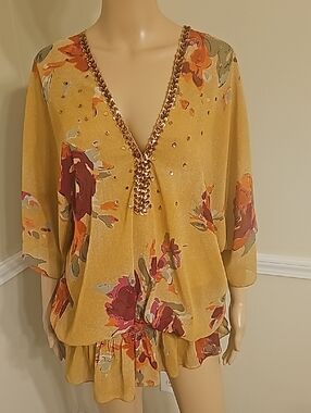 Lane Bryant Mustard Floral V-Neck Tunic with Beaded Trim